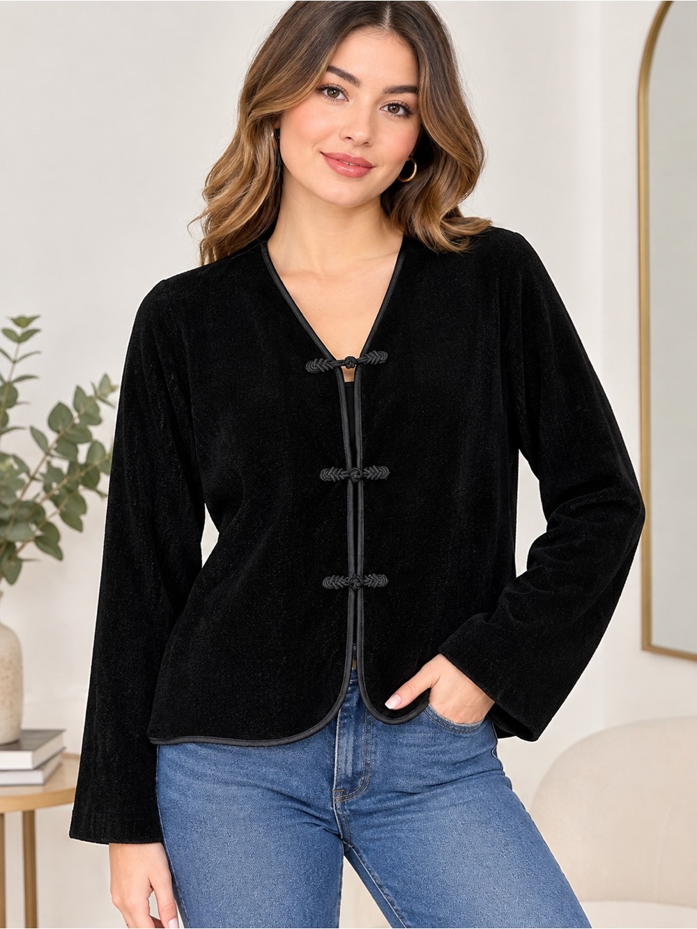 Vintage Express Black Mandarin Collar Jacket with Knot Buttons